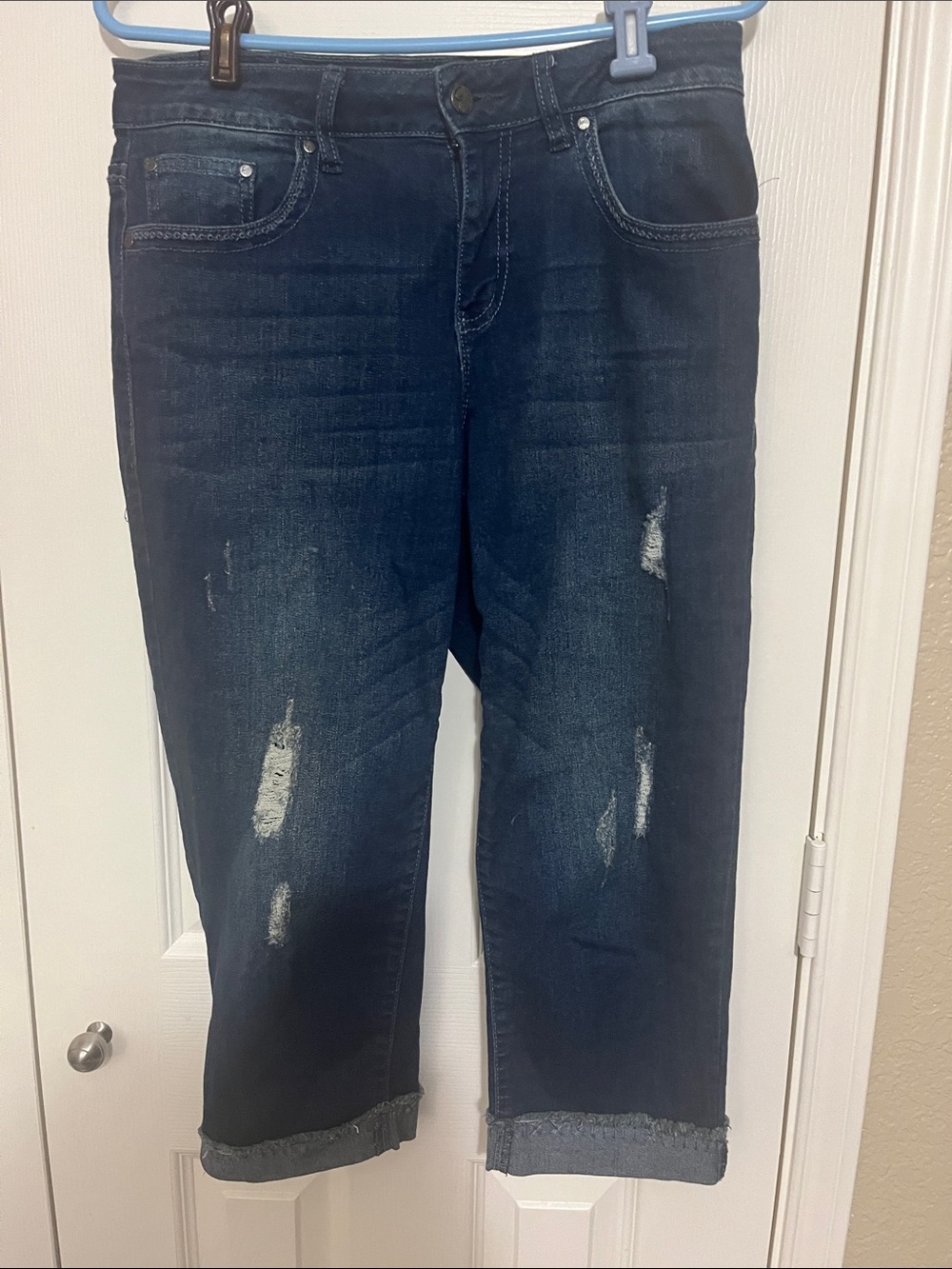 Earl Jeans Dark Blue Distressed Cropped Jeans